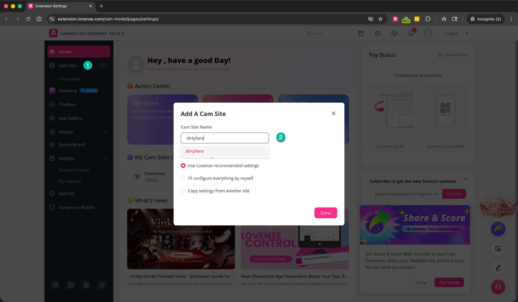 Add DirtyFans as a cam site in the Lovense extension